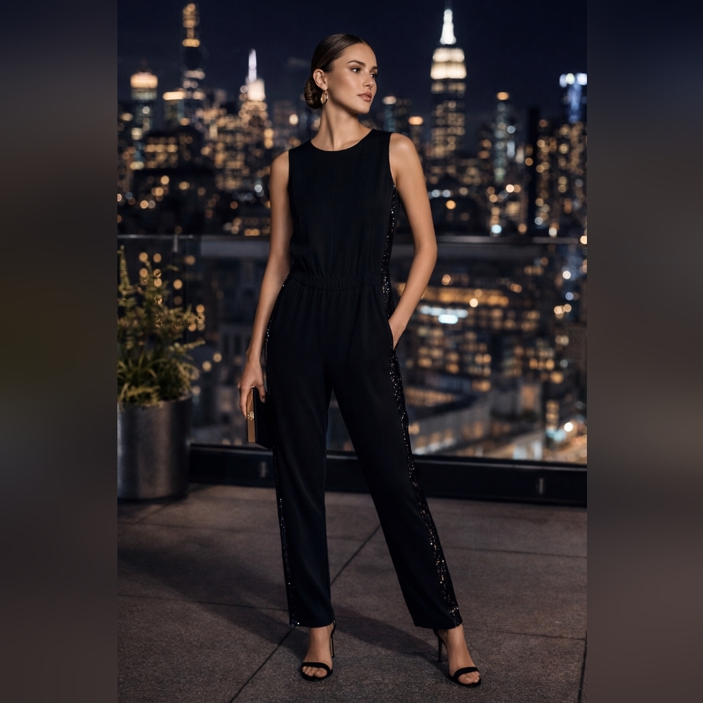 BCBGMAXAZRIA Mirabella Black Jumpsuit NWT Sequin Side Panels Sleeveless Size L